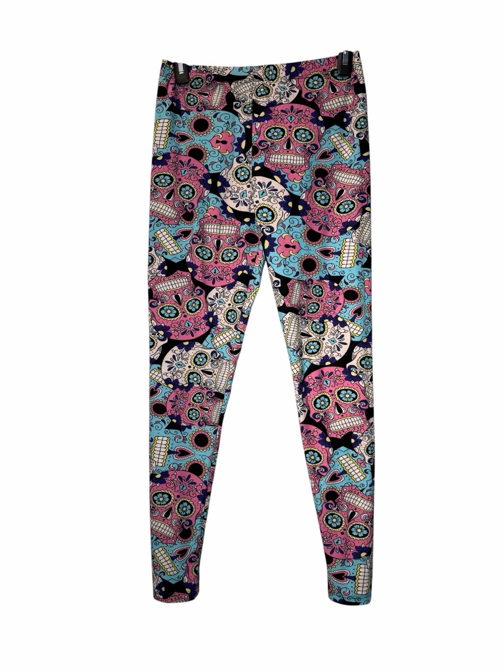 Day of the Dead Colorful Leggings Sugar Skull Halloween Pink Blue White OS